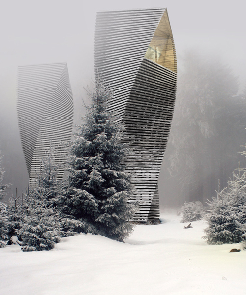 antony gibbon camouflages his slender 'helix' treehouses among their forested context